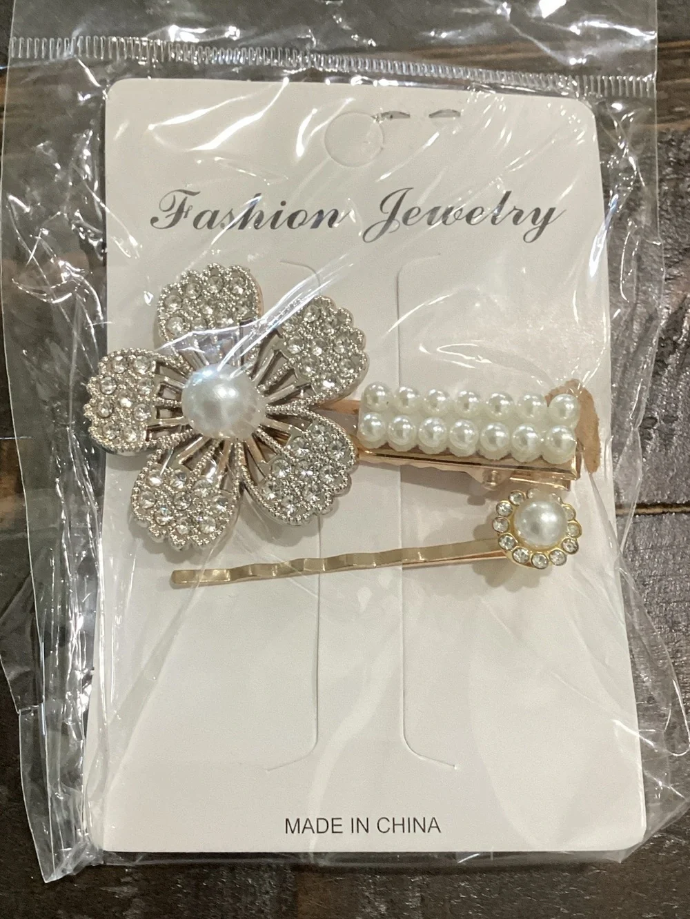 Fashion‎ Jewelry Gold Pearl & Crystal Floral Hair Clip Trio